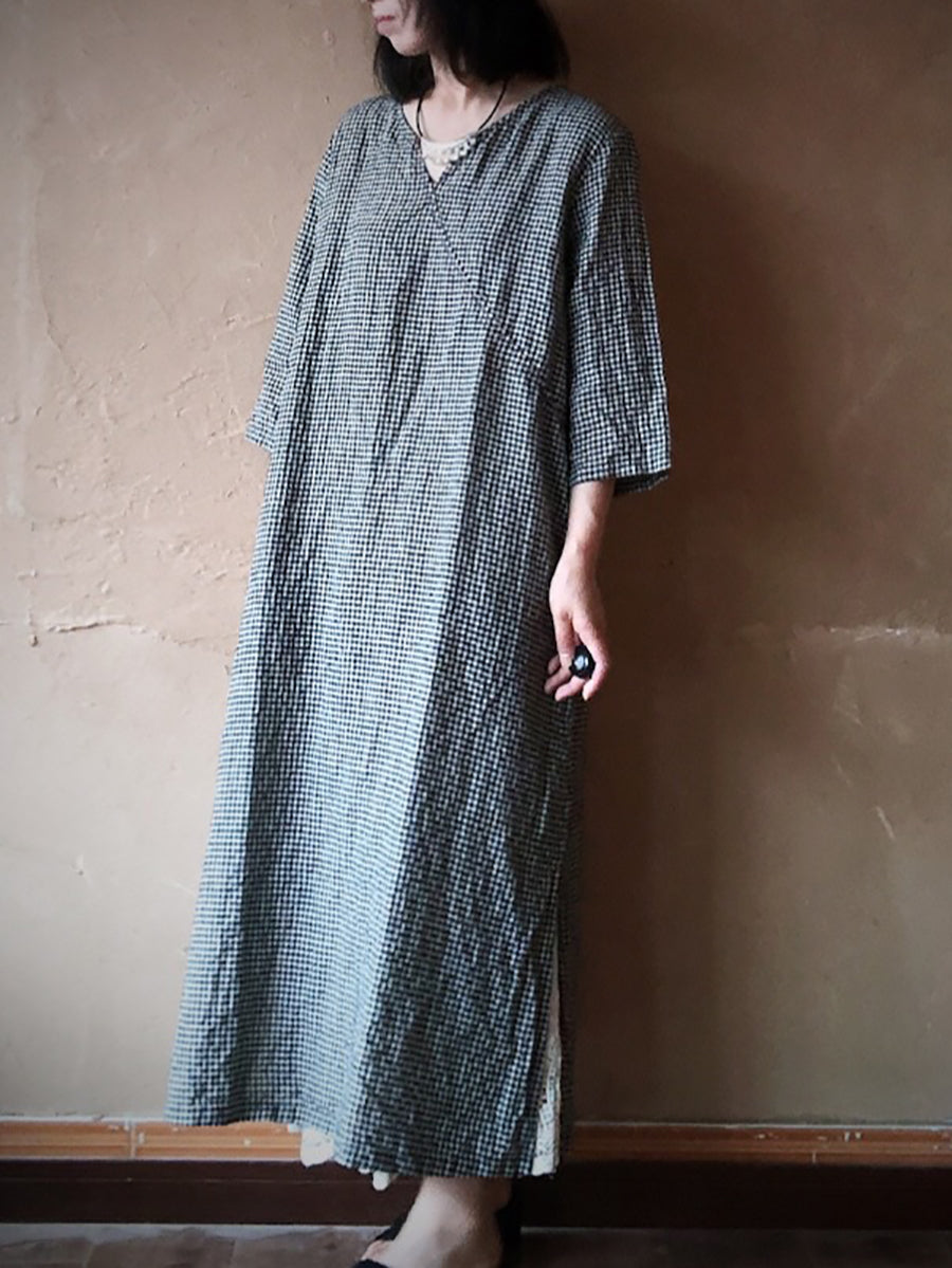 Women Vintage Lattice Summer V-neck Linen Loose Dress ZZ1016