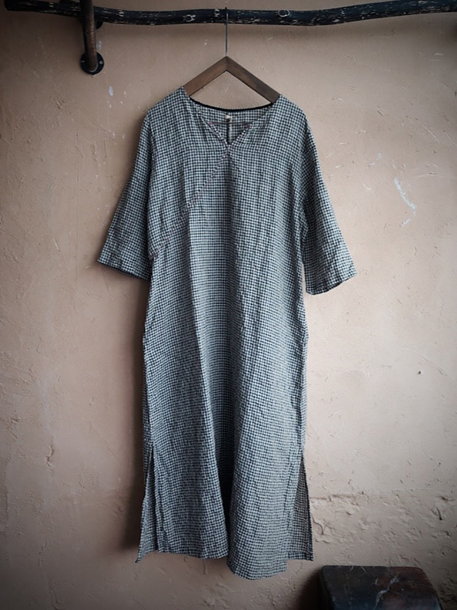 Women Vintage Lattice Summer V-neck Linen Loose Dress ZZ1016