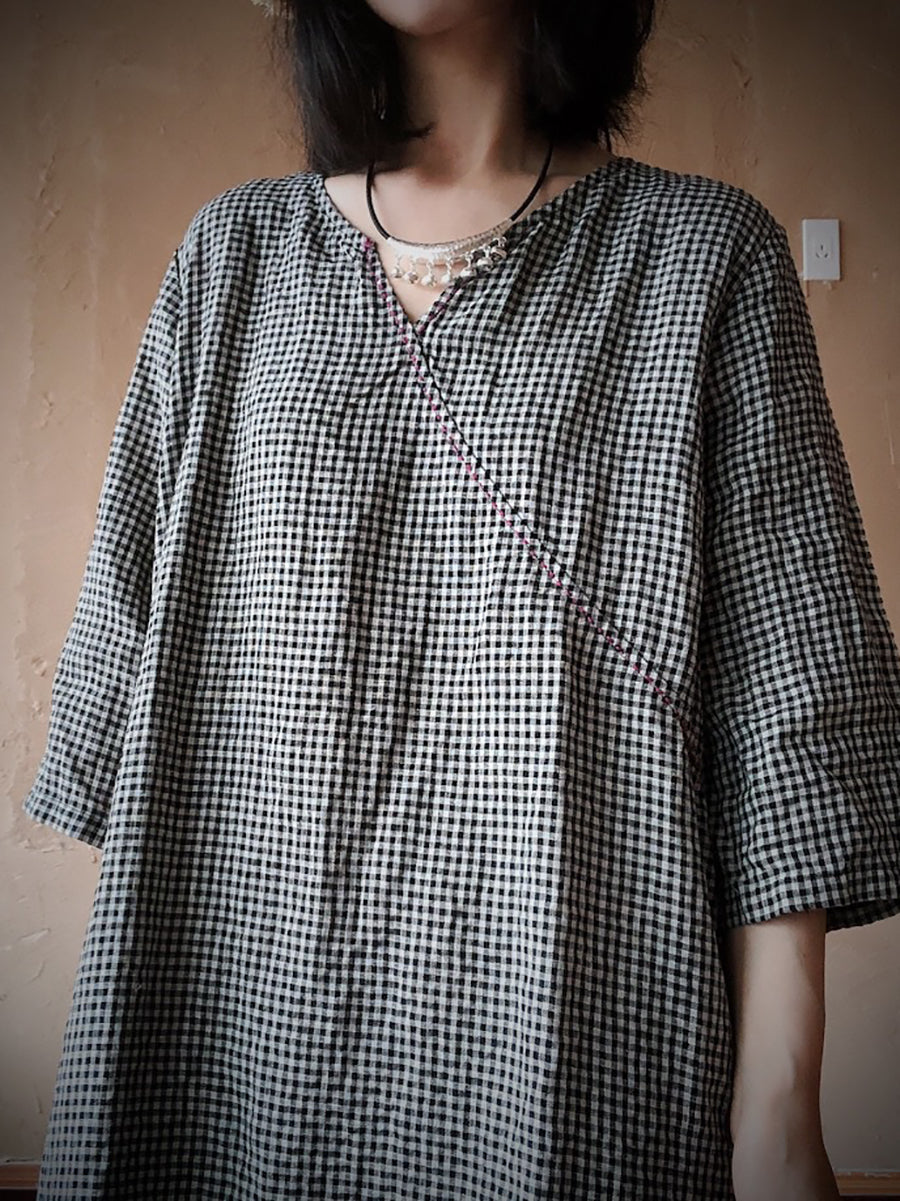 Women Vintage Lattice Summer V-neck Linen Loose Dress ZZ1016