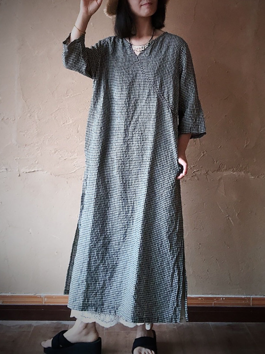 Women Vintage Lattice Summer V-neck Linen Loose Dress ZZ1016