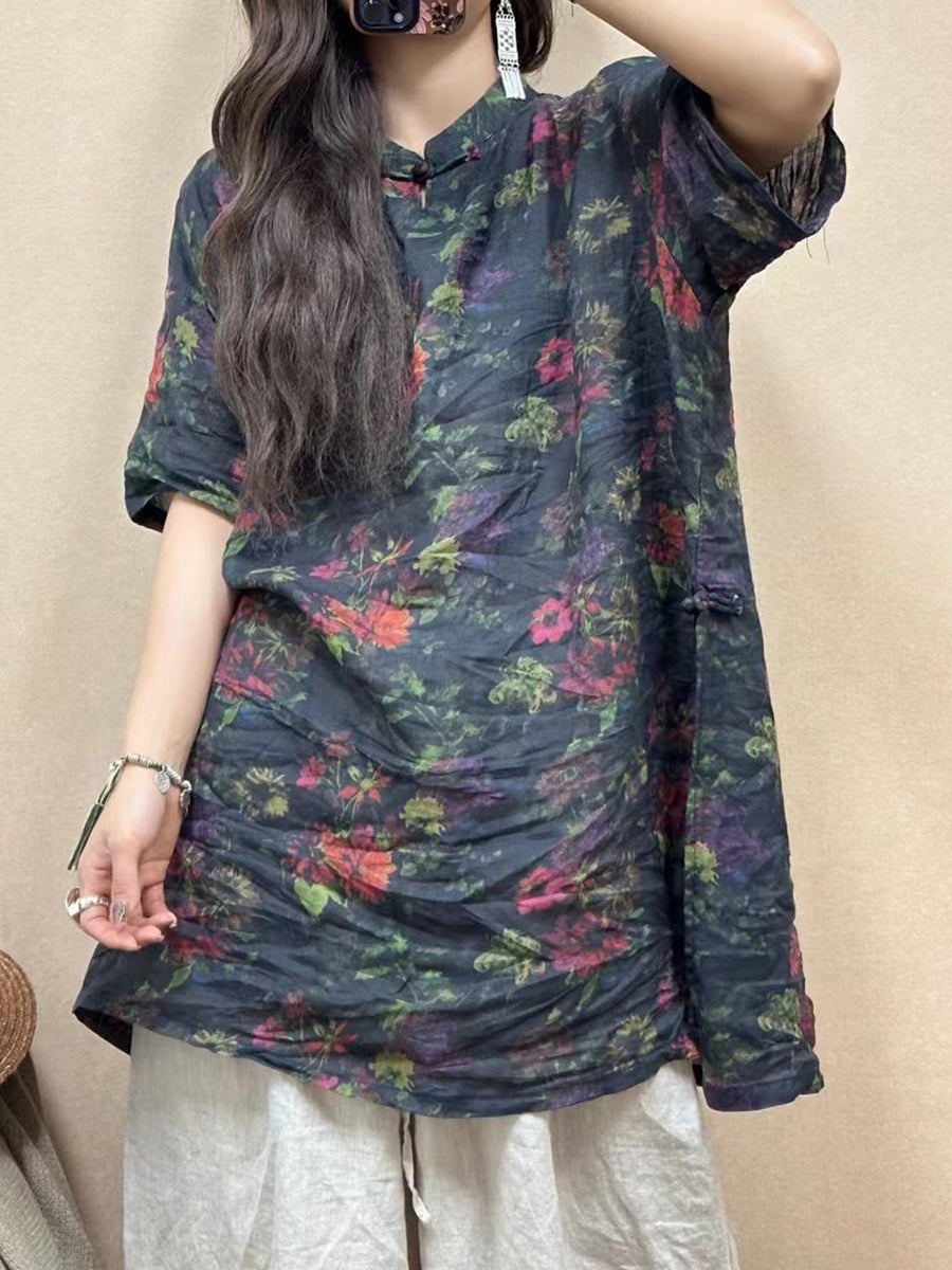 Women Summer Vintage Flower Linen Long Shirt ZZ1020