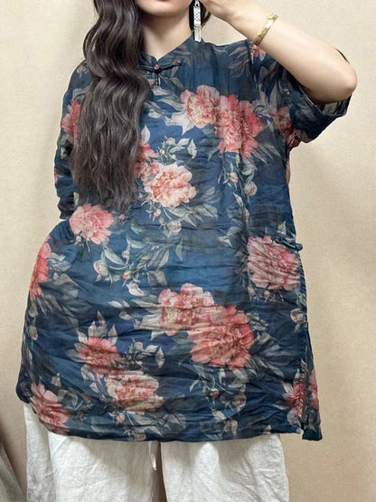 Chemise longue d'été en lin à fleurs vintage pour femme ZZ1020