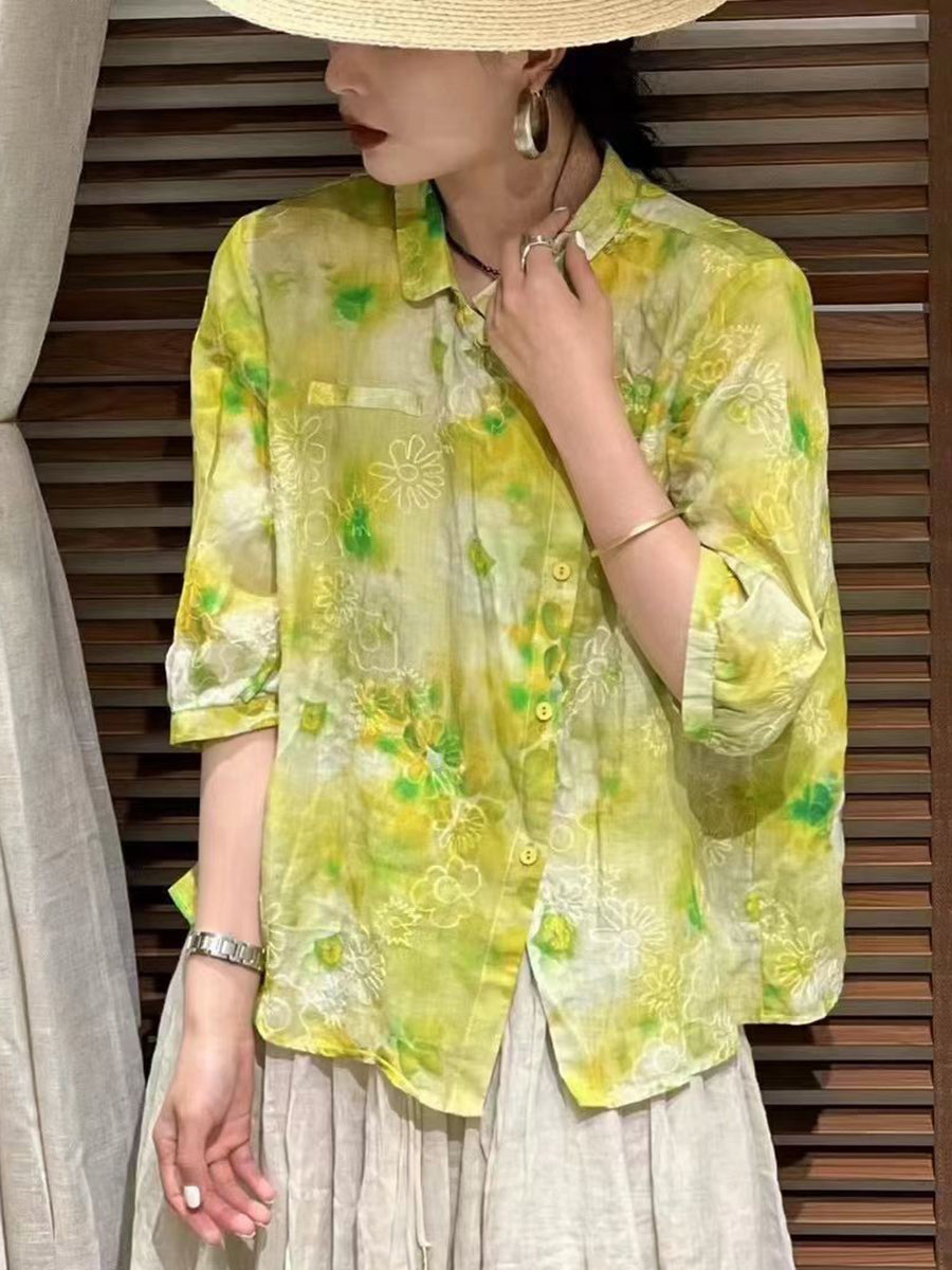 Women Summer Vintage Flower Slant Button-up Ramie Shirt ZZ1026