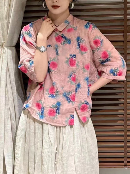 Chemise d'été boutonnée en ramie à fleurs vintage pour femmes ZZ1026