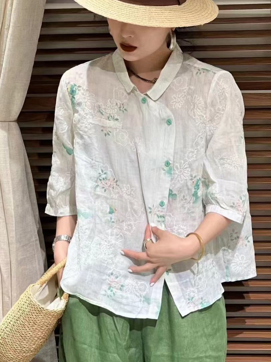 Women Summer Vintage Flower Slant Button-up Ramie Shirt ZZ1026