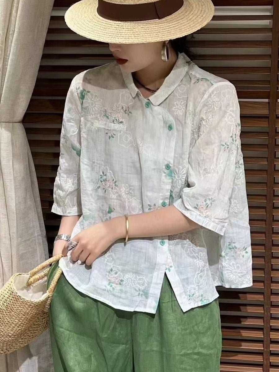 Women Summer Vintage Flower Slant Button-up Ramie Shirt ZZ1026