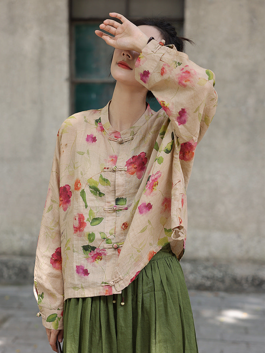 Women Vintage Flower Button-up Ramie Loose Shirt ZZ1035