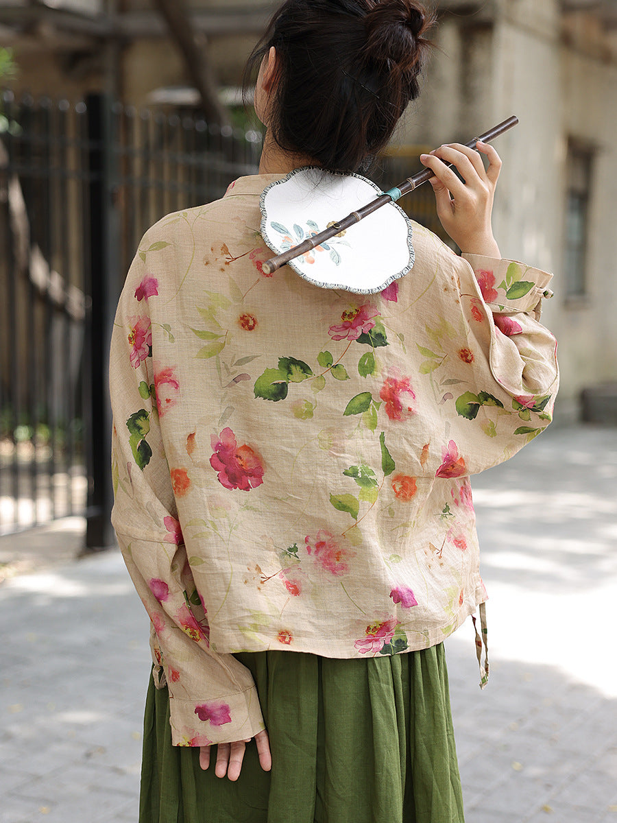 Women Vintage Flower Button-up Ramie Loose Shirt ZZ1035