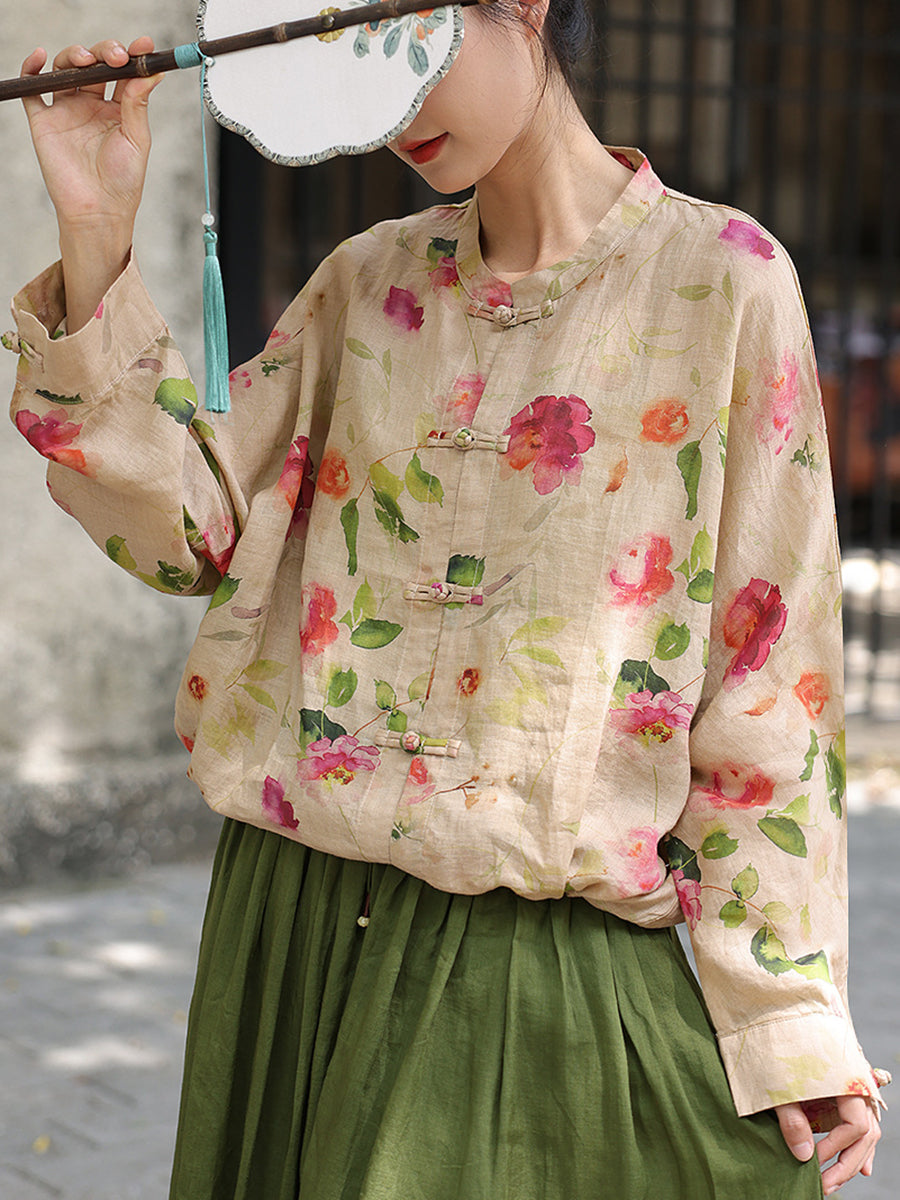 Women Vintage Flower Button-up Ramie Loose Shirt ZZ1035