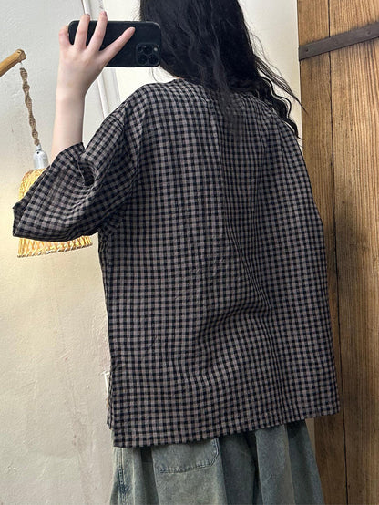 Chemise d'été en lin à carreaux vintage pour femme BN1019