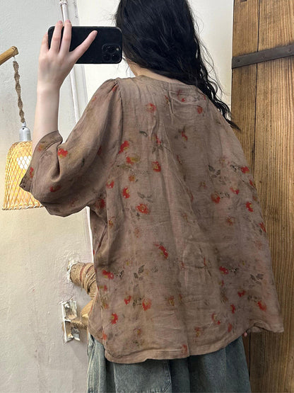 Chemise d'été en coton à col rond et imprimé floral vintage pour femme ZZ1044