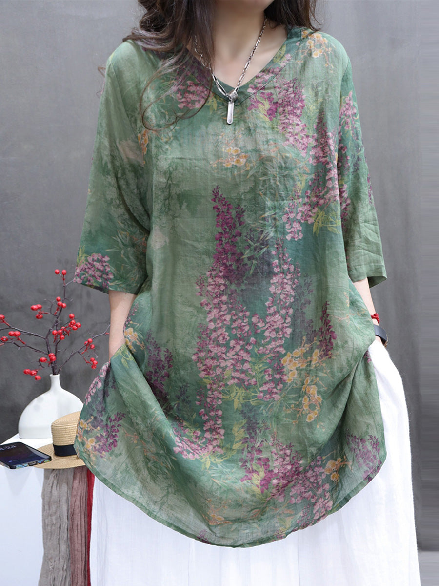 Women Summer Vintage Flower V-Neck Ramie Long Shirt BN1036