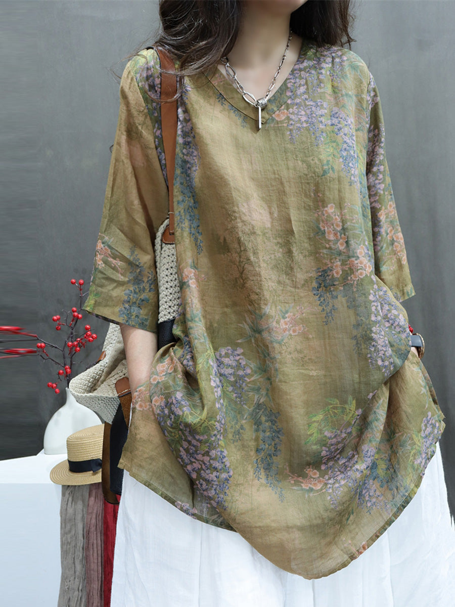 Women Summer Vintage Flower V-Neck Ramie Long Shirt BN1036