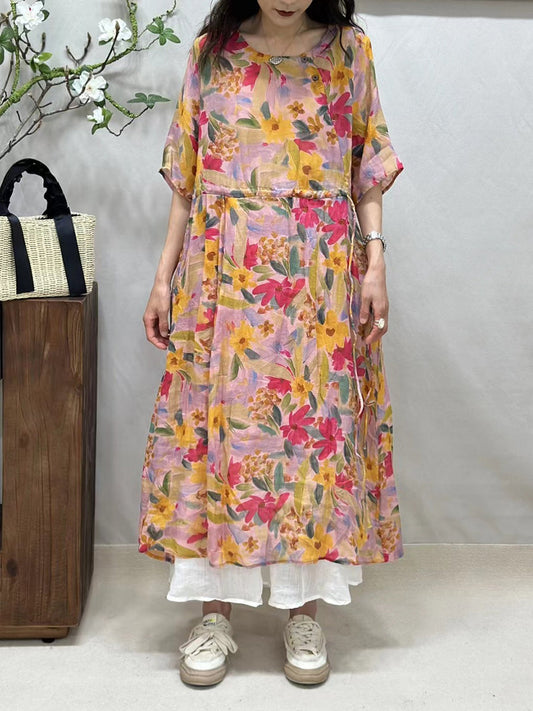 Women Summer Artsy Floral Strap O-Neck Ramie Dress BN1016