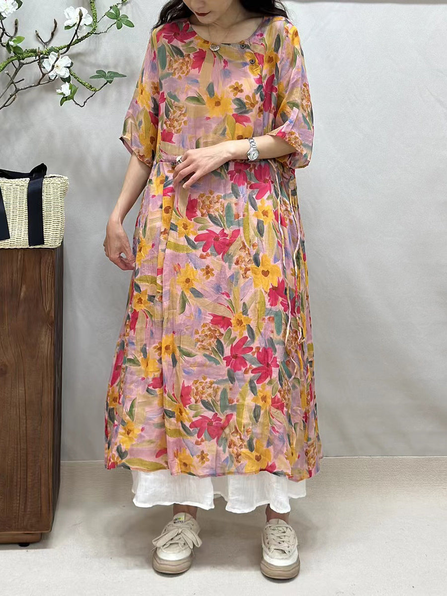 Women Summer Artsy Floral Strap O-Neck Ramie Dress CV1041