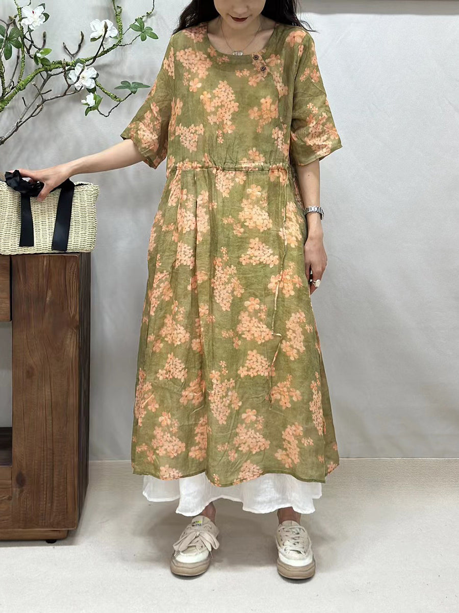 Women Summer Artsy Floral Strap O-Neck Ramie Dress CV1041