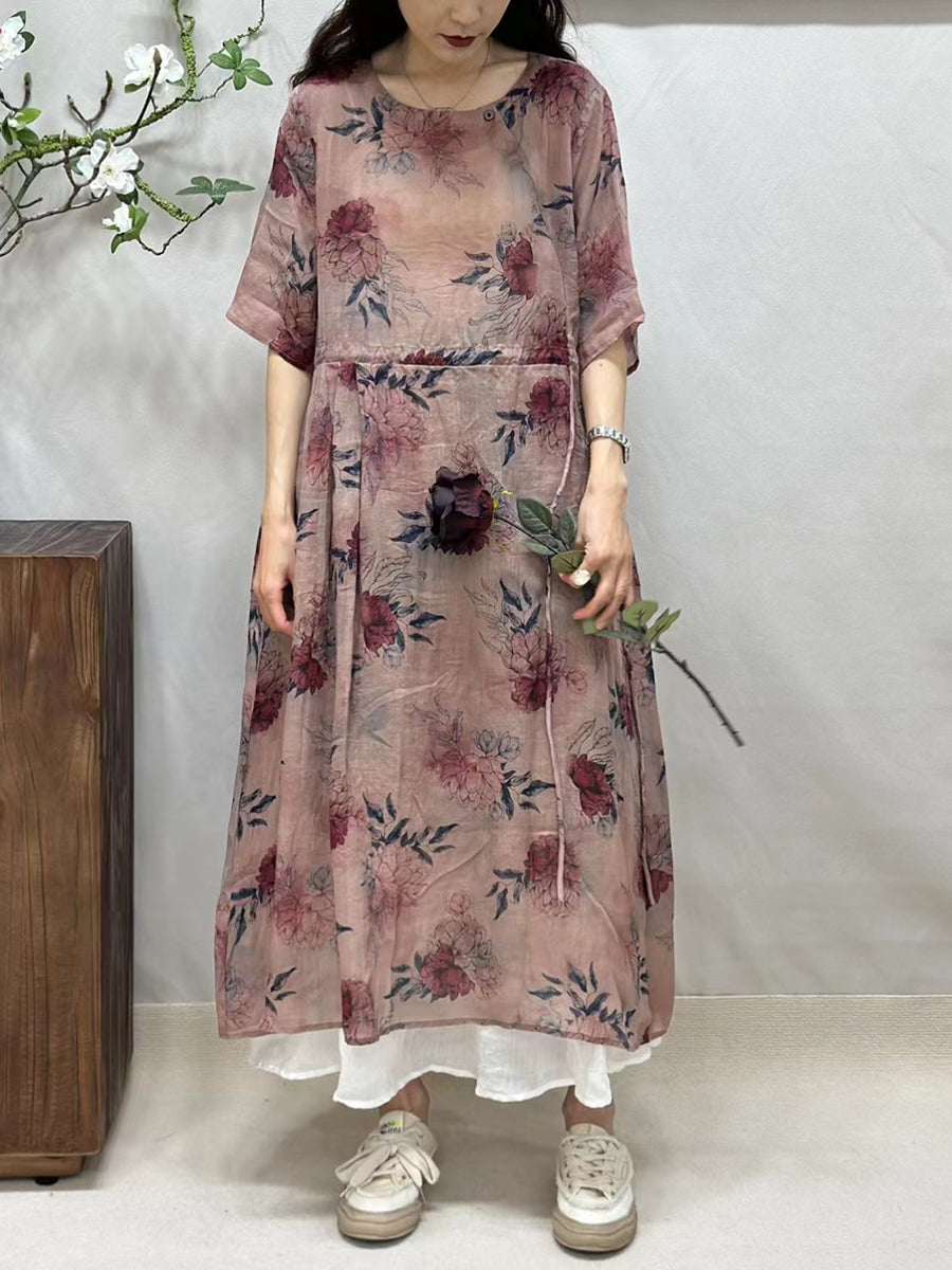 Women Summer Artsy Floral Strap O-Neck Ramie Dress CV1041