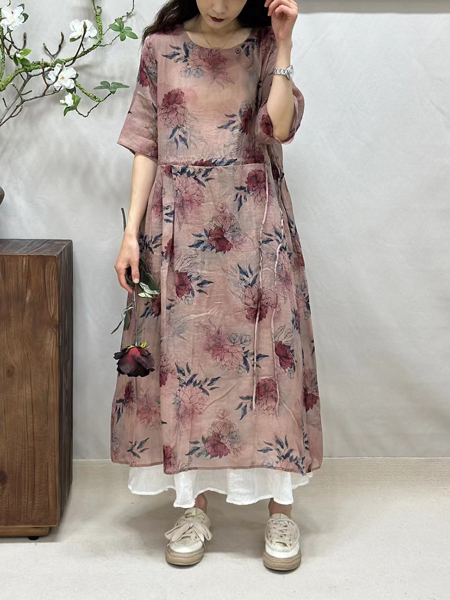 Women Summer Artsy Floral Strap O-Neck Ramie Dress CV1041