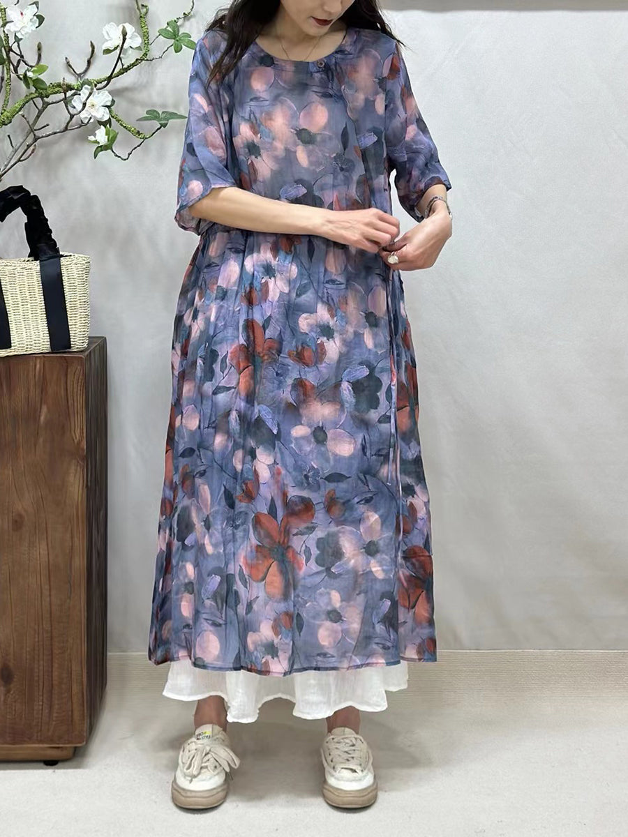 Women Summer Artsy Floral Strap O-Neck Ramie Dress CV1041