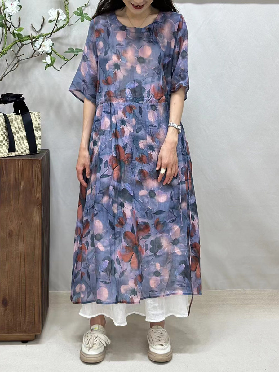 Women Summer Artsy Floral Strap O-Neck Ramie Dress CV1041