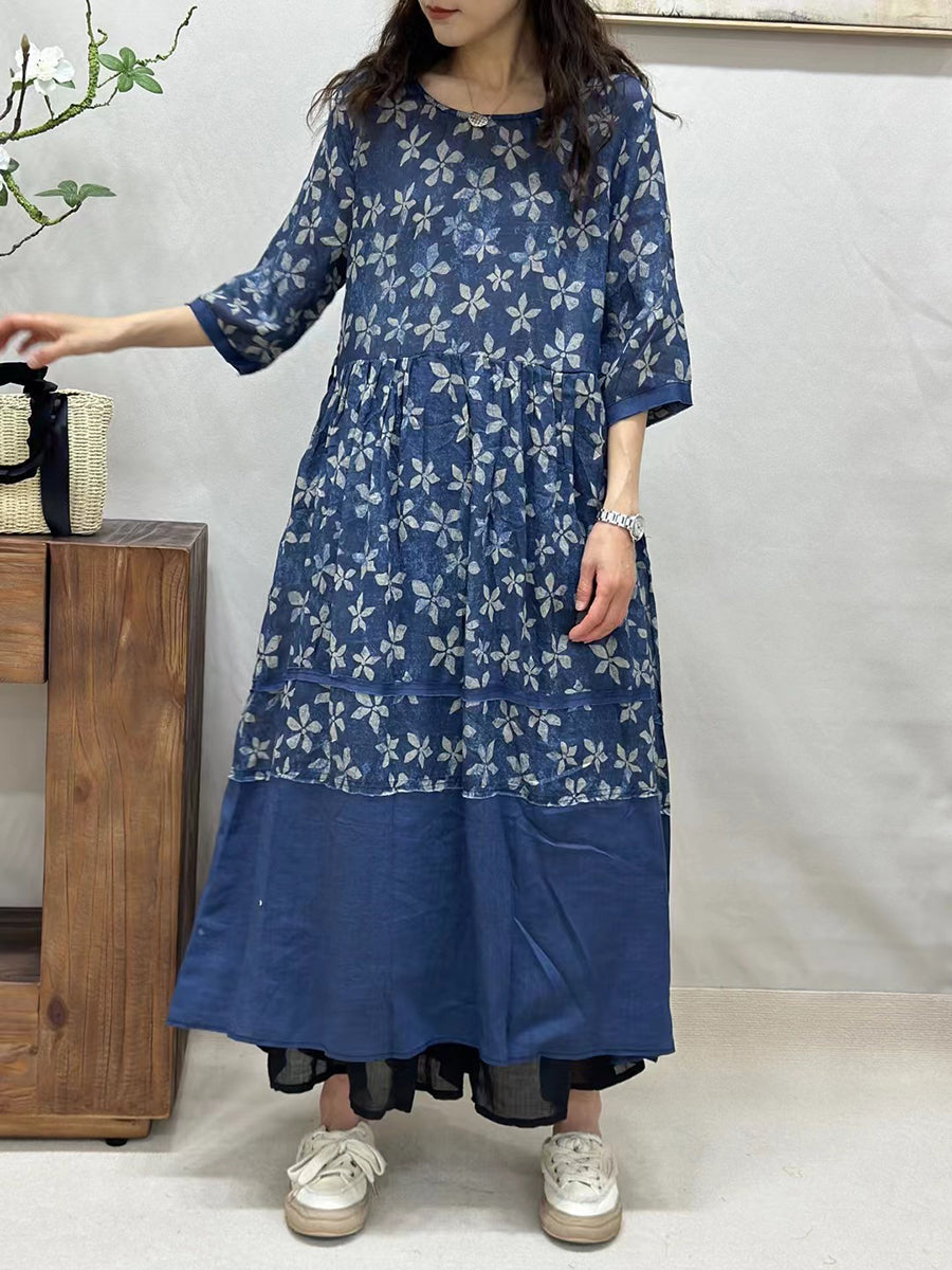 Women Summer Vintage Flower Spliced Ramie Dress CV1043