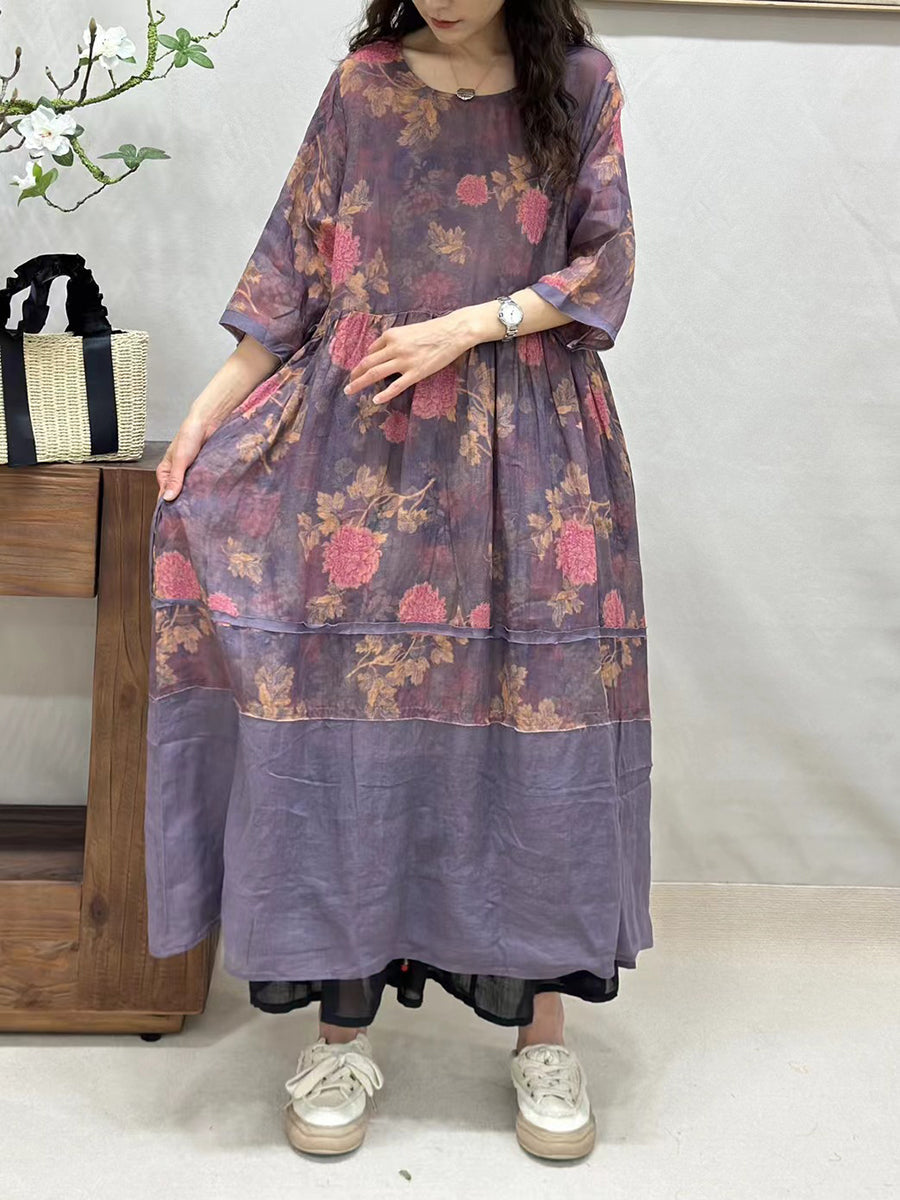 Women Summer Vintage Flower Spliced Ramie Dress CV1043