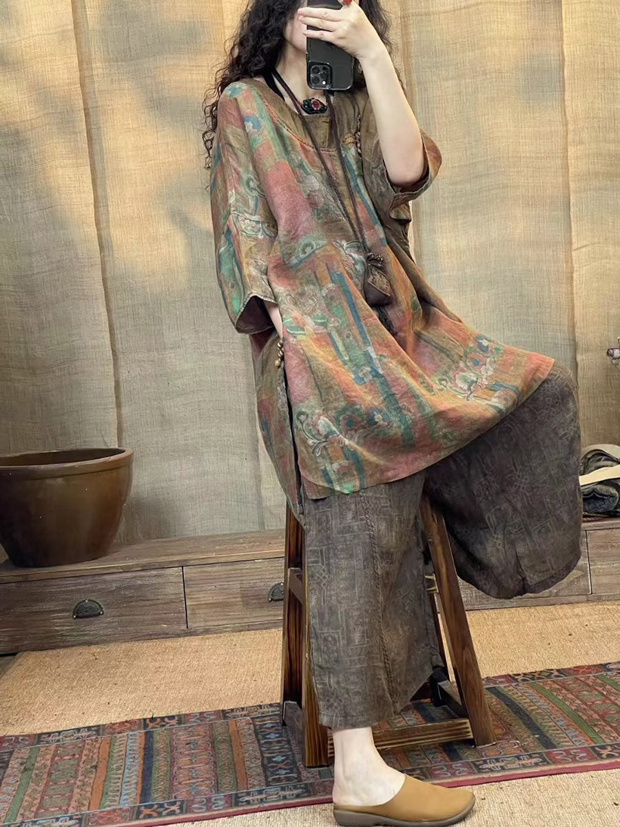 Women Summer Vintage Print Spliced Loose Linen Shirt CV1046