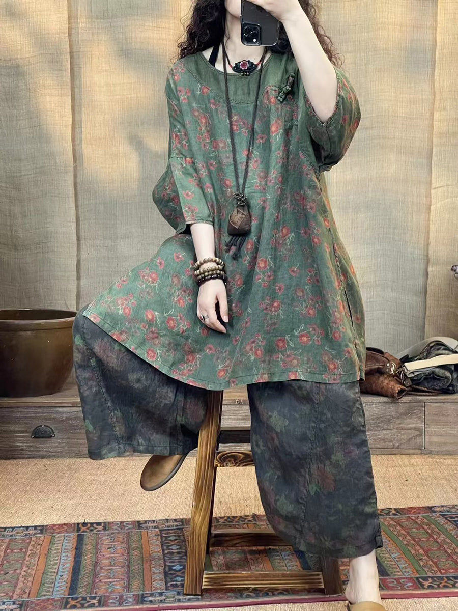 Women Summer Vintage Print Spliced Loose Linen Shirt CV1046