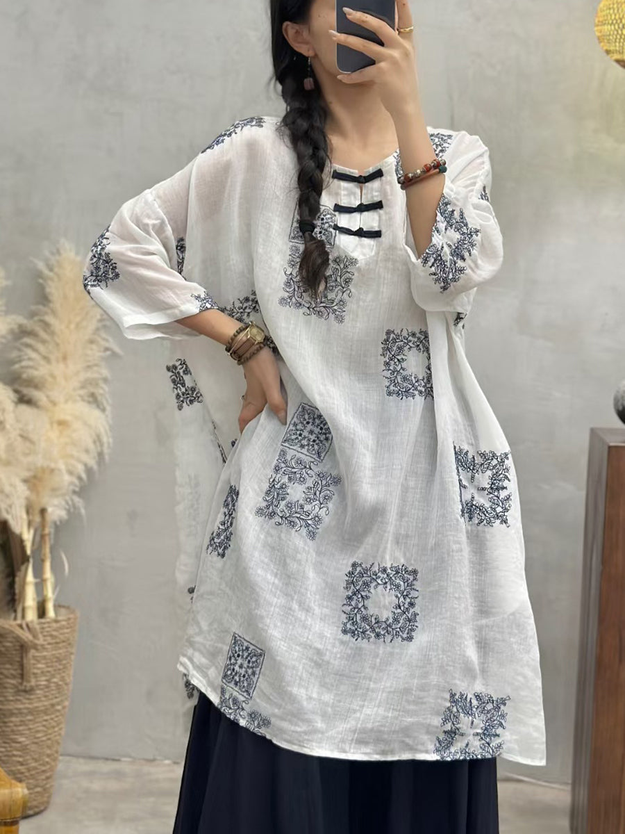 Women Summer Vintage Embroidery Long Ramie Shirt CV1051