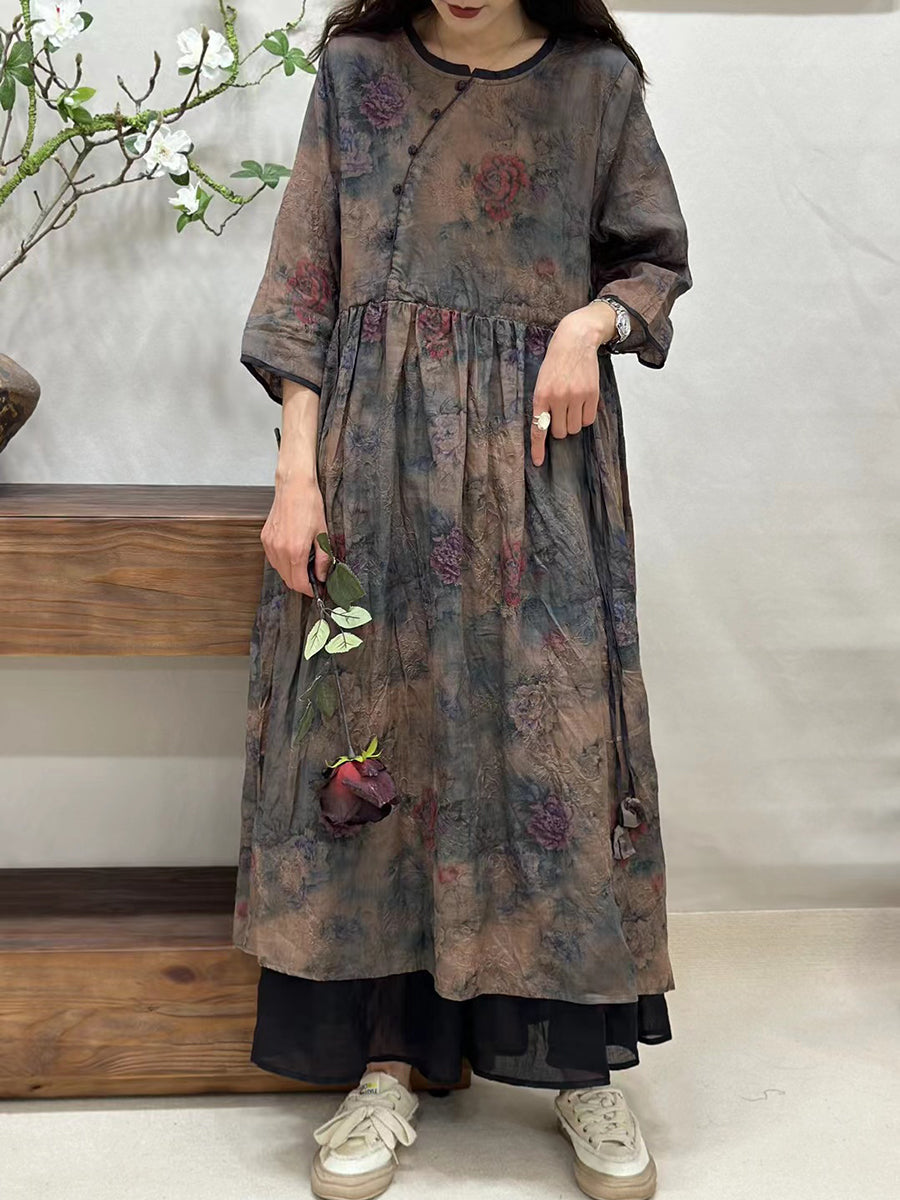 Women Summer Vintage Floral Spliced Ramie Loose Dress CV1002