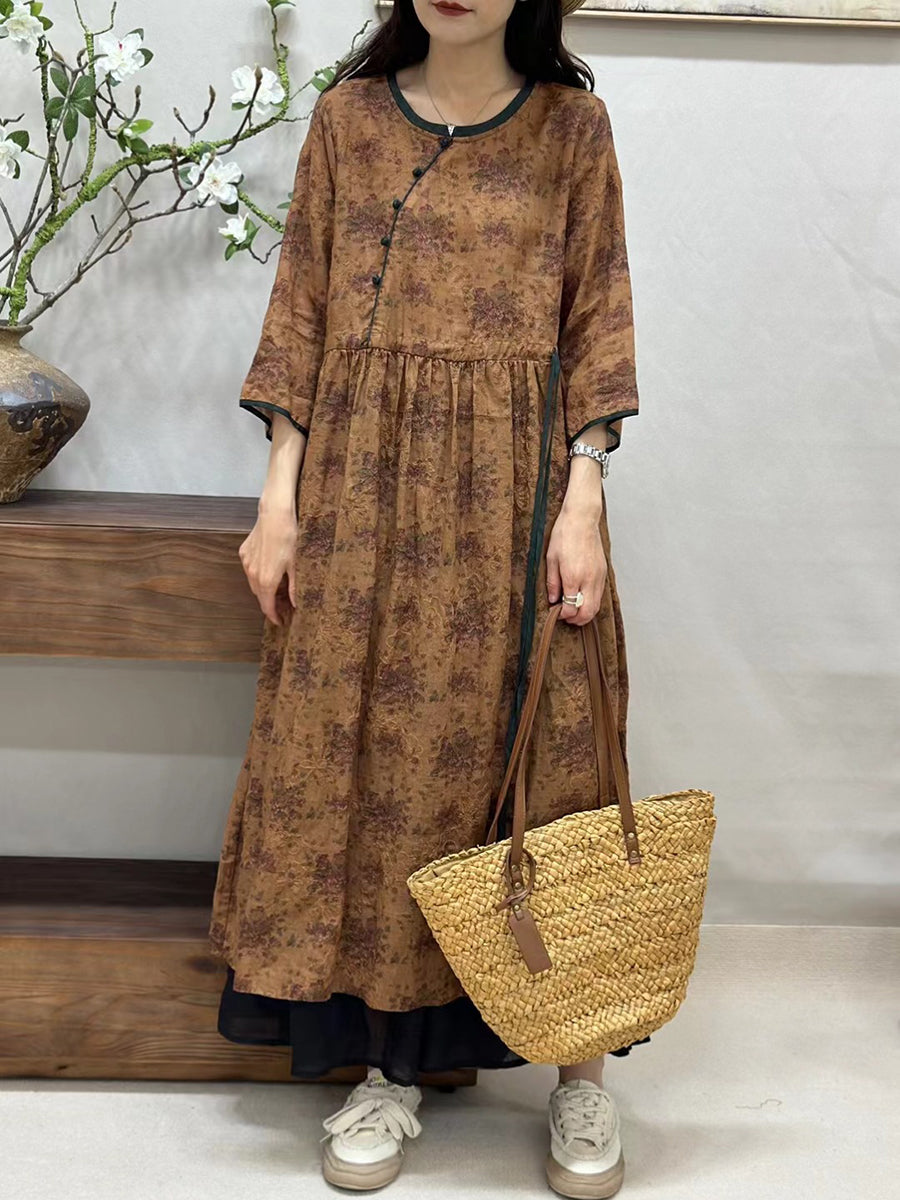 Women Summer Vintage Floral Spliced Ramie Loose Dress BN1015