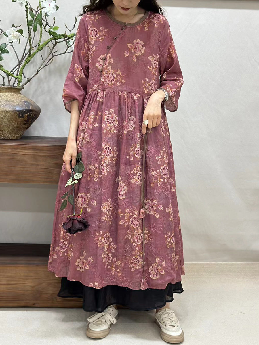 Women Summer Vintage Floral Spliced Ramie Loose Dress BN1015