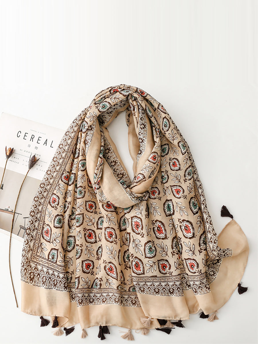 Bohemian Leaf Print Tassel Travel Shawl Scarf CV1021