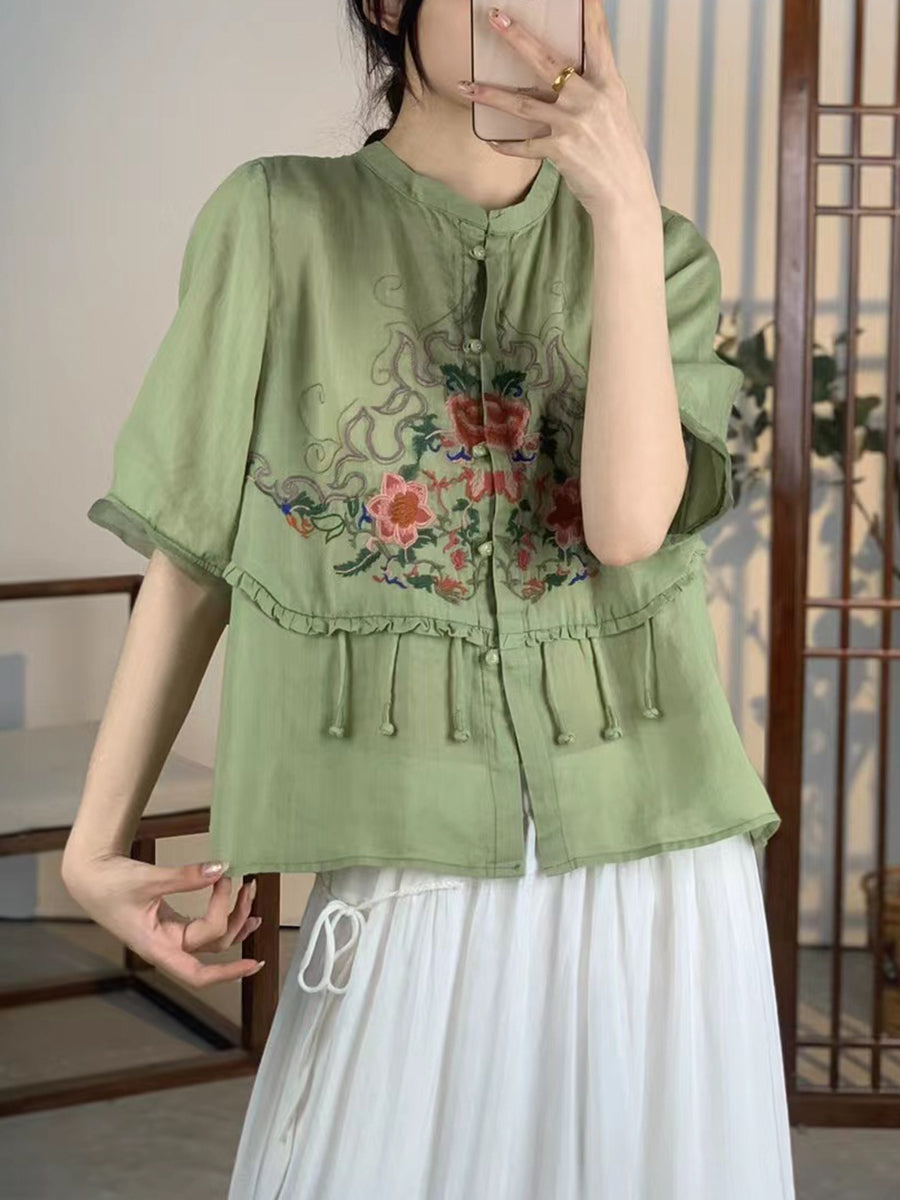 Women Summer Ethnic Flower Embroidery Button-up Ramie Shirt CV1020