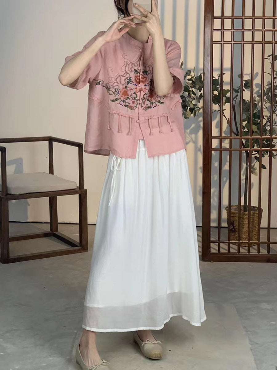 Women Summer Ethnic Flower Embroidery Button-up Ramie Shirt CV1020