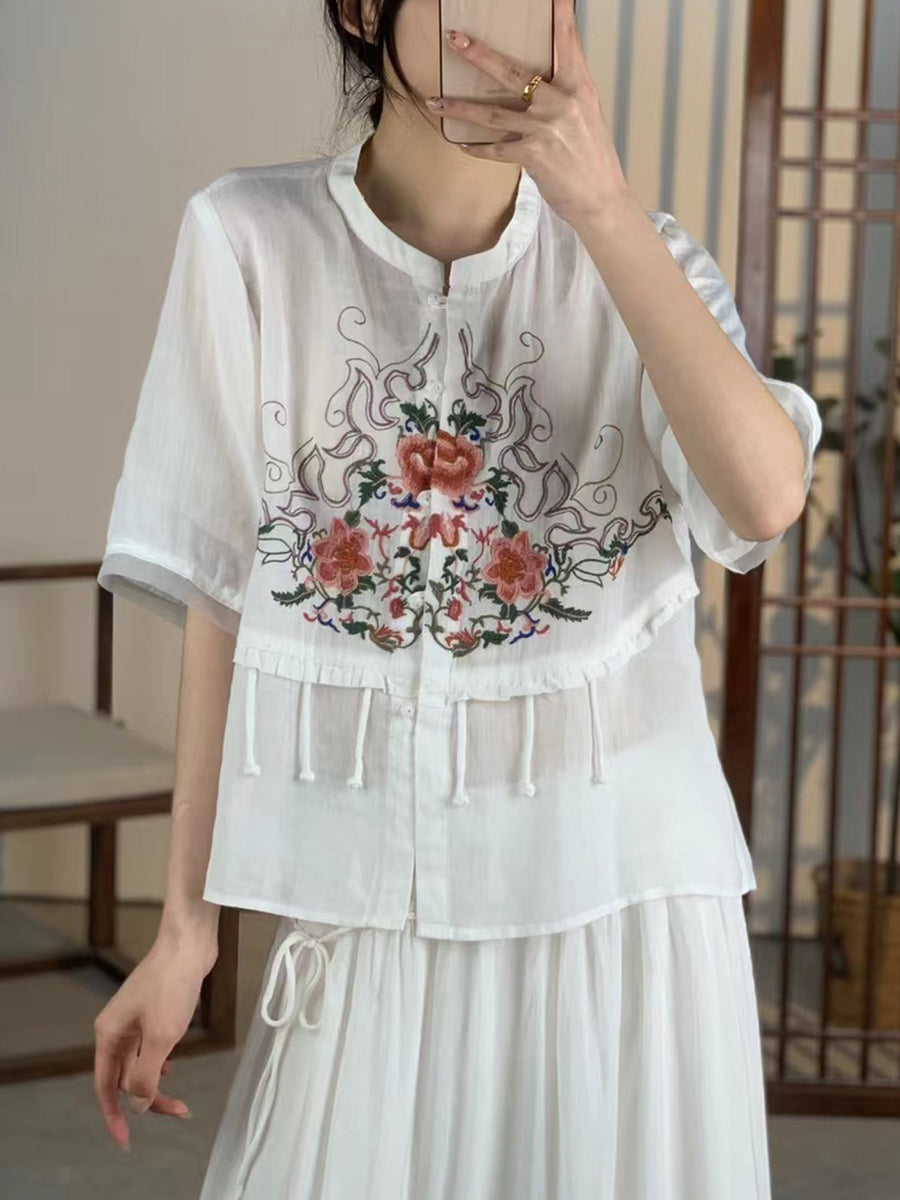 Women Summer Ethnic Flower Embroidery Button-up Ramie Shirt CV1020