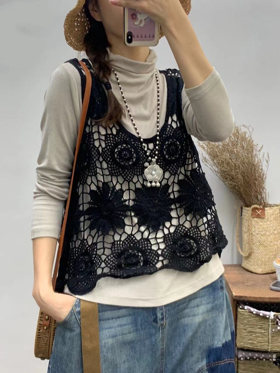 Women Summer Artsy Flower Knitted Cutout V-neck Vest CV1023