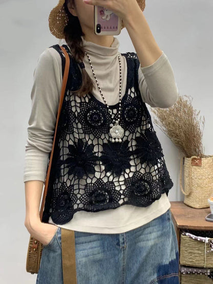 Gilet d'été en tricot à fleurs artistiques pour femmes avec découpes et col en V CV1023