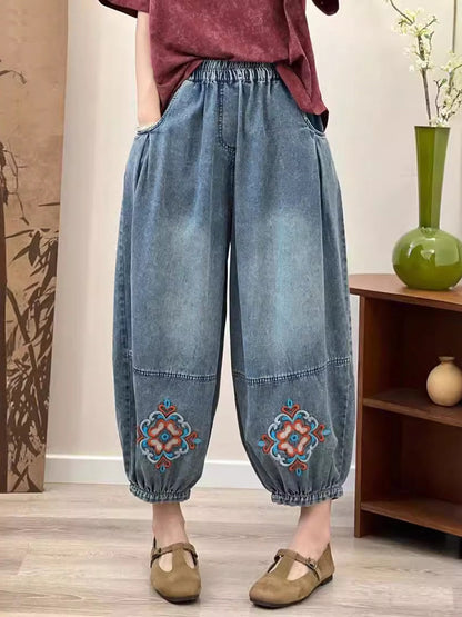 Pantalon en denim brodé floral vintage pour femme OP1037