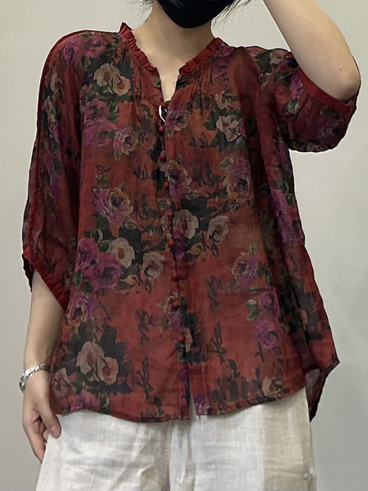 Damen Sommer Vintage Blumen Button-Up V-Ausschnitt Ramie Shirt OP1054