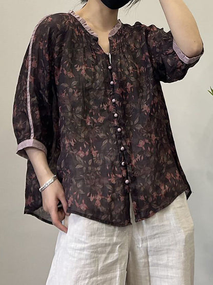 Chemise d'été en ramie à col en V et boutons pour femme, style vintage, à fleurs, OP1054