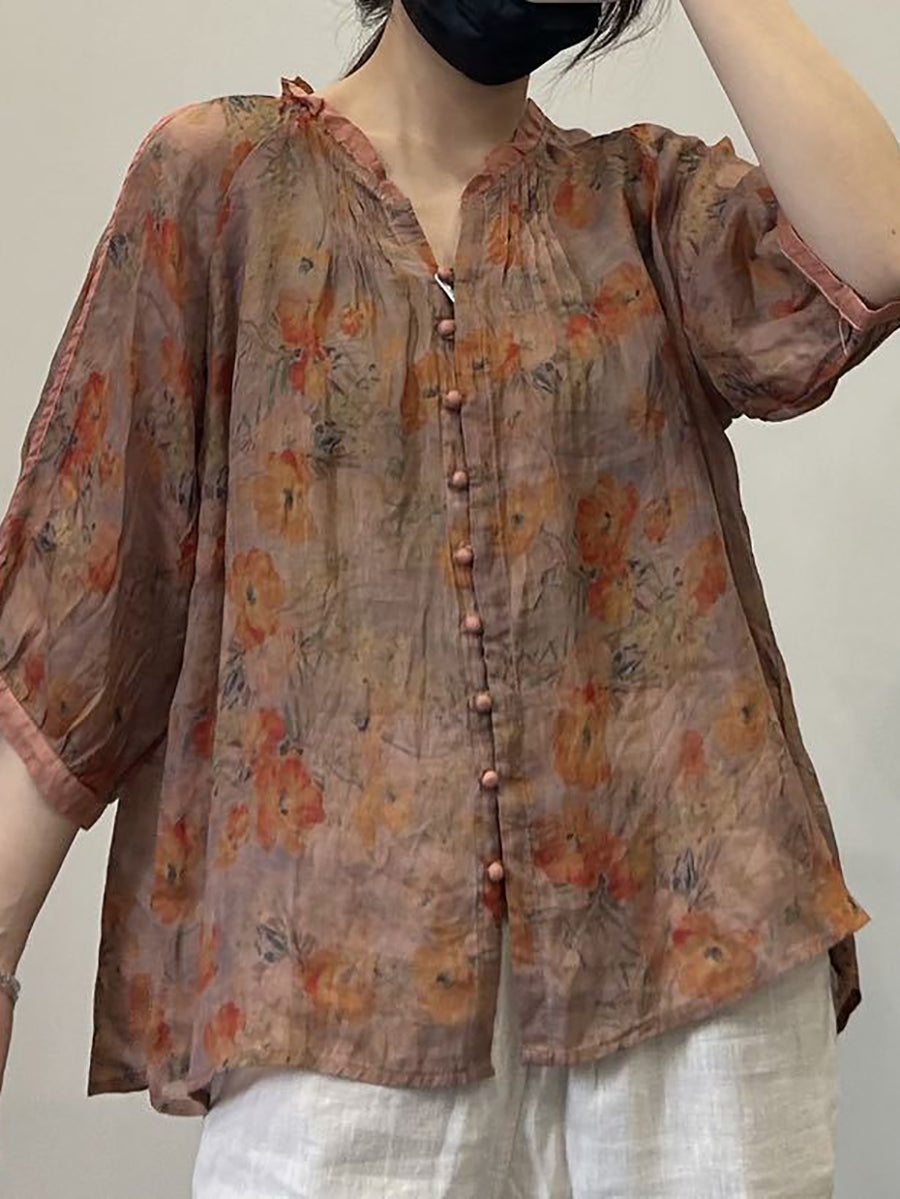 Damen Sommer Vintage Blumen Button-Up V-Ausschnitt Ramie Shirt OP1054