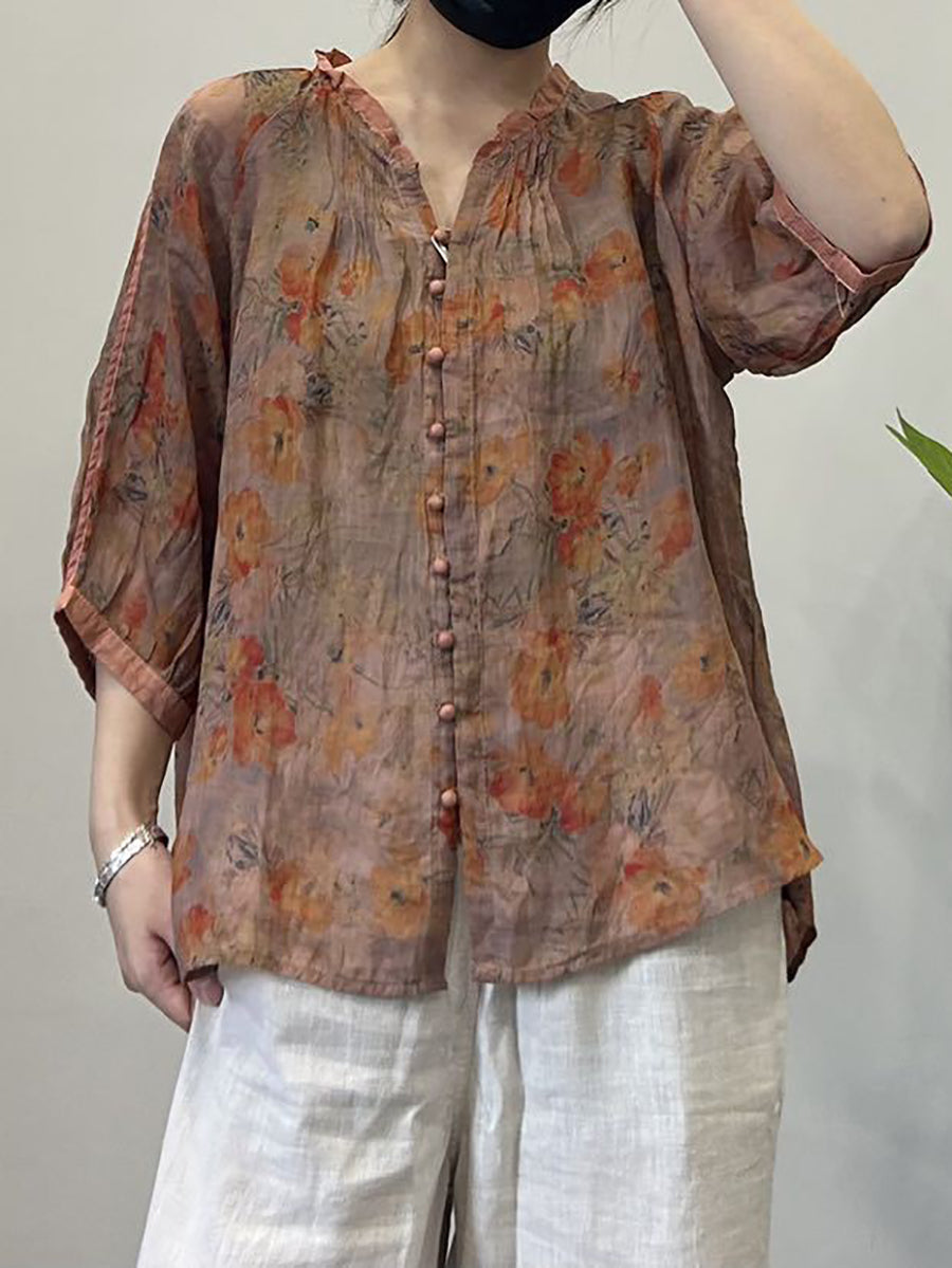 Damen Sommer Vintage Blumen Button-Up V-Ausschnitt Ramie Shirt OP1054