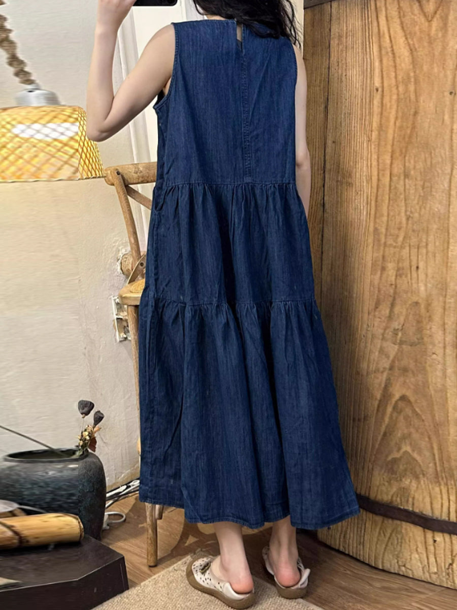 Damen Sommer Artsy Solide Gespleißt Denim Weste Kleid OP1045