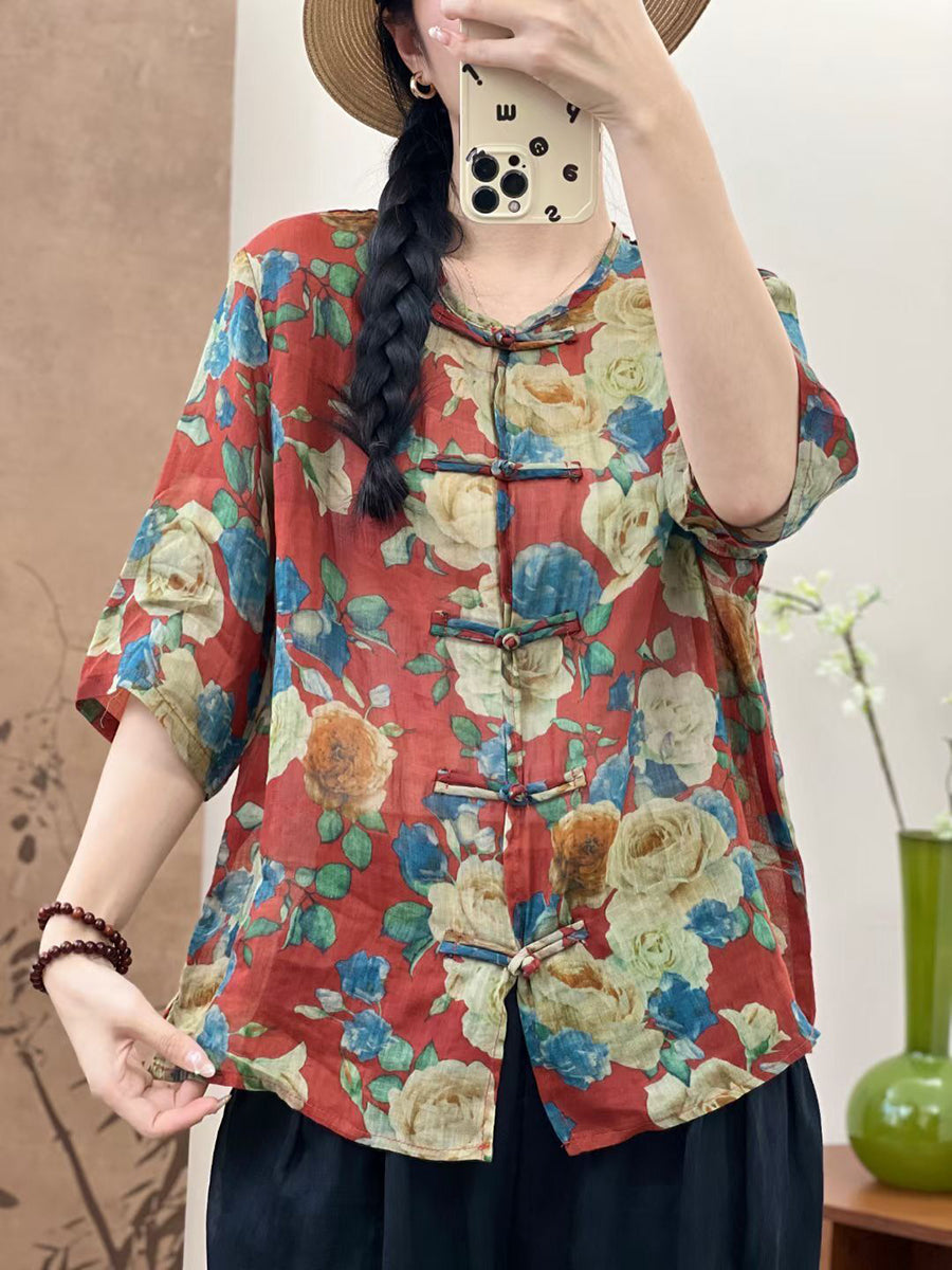 Women Summer Ethnic Flower Button-up Ramie Shirt OP1046