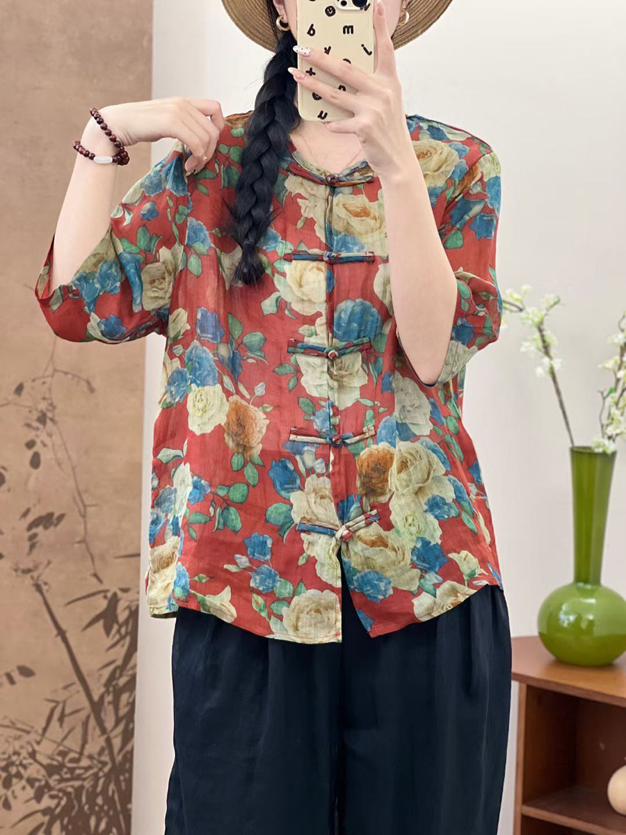 Women Summer Ethnic Flower Button-up Ramie Shirt OP1046