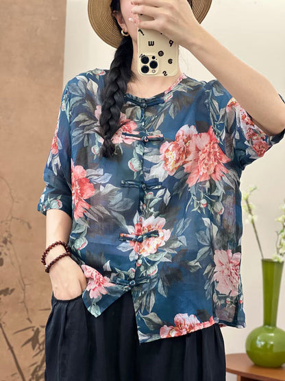 Chemise d'été boutonnée en ramie à fleurs ethniques pour femmes OP1046