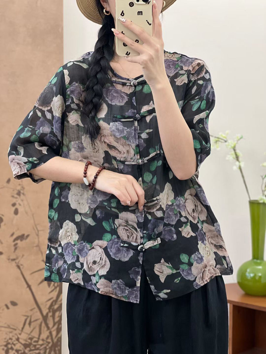 Women Summer Ethnic Flower Button-up Ramie Shirt OP1046