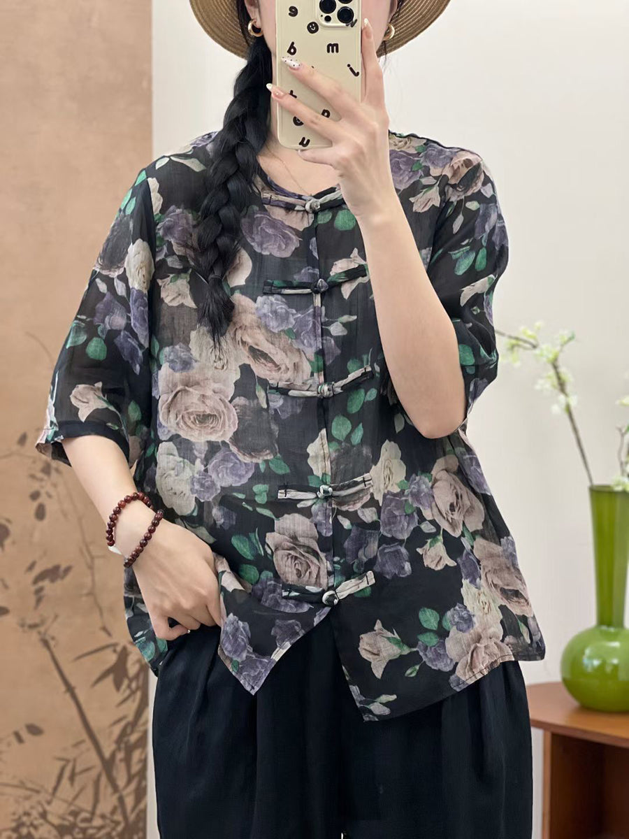 Women Summer Ethnic Flower Button-up Ramie Shirt OP1046