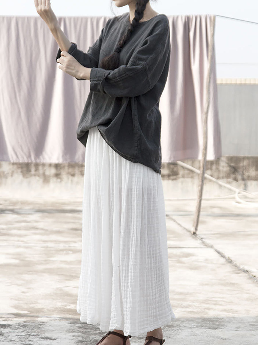 Women Summer Casual Shirred Solid Loose Cotton Skirt RR1028